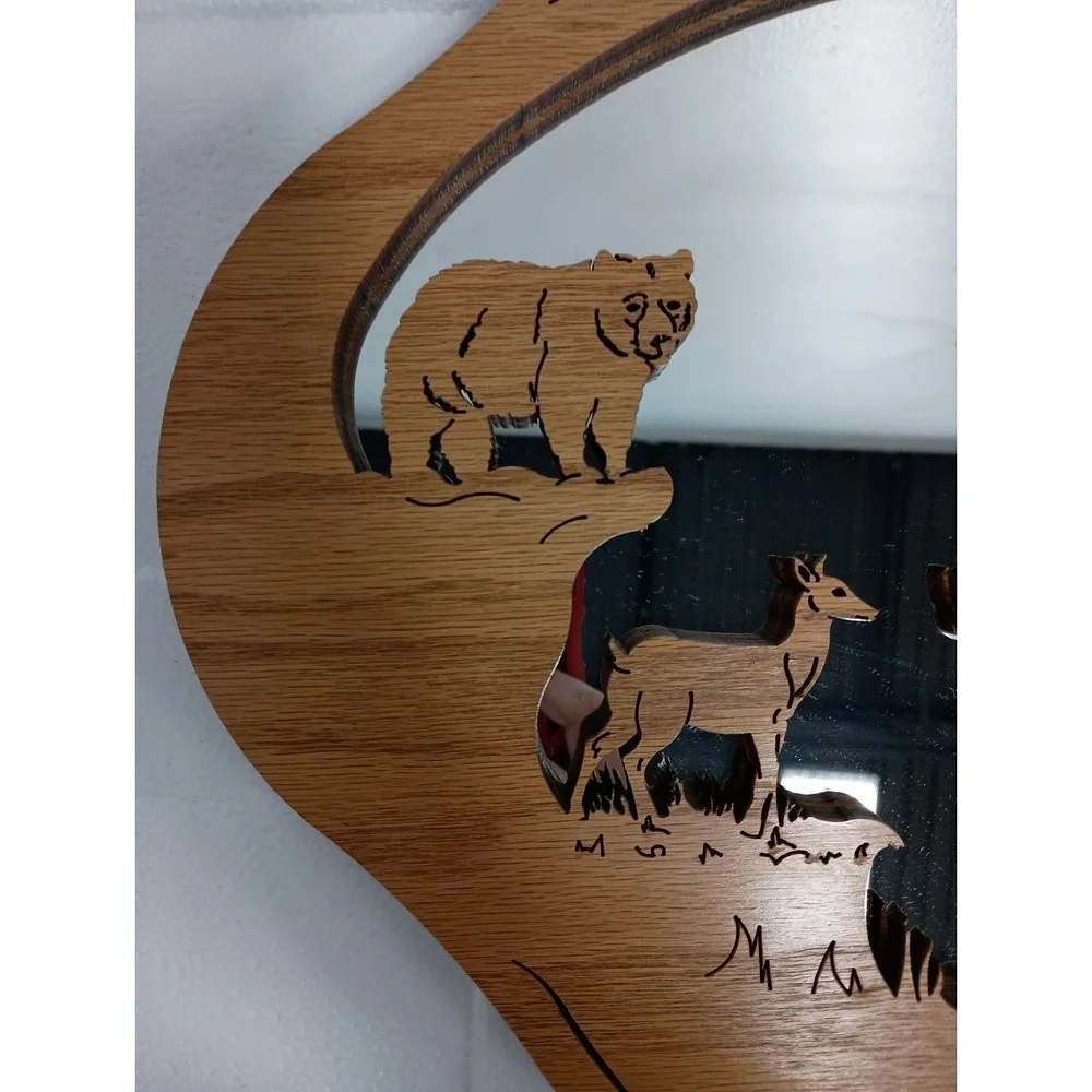 Vintage Hand Carved Wood Wild Animals Framed Wall Accent Mirror Primitive Rustic